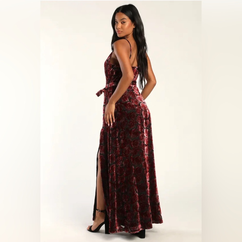 Pretty Companion Mauve and Red Floral Velvet Burnout Maxi Dress - Picture 4 of 6